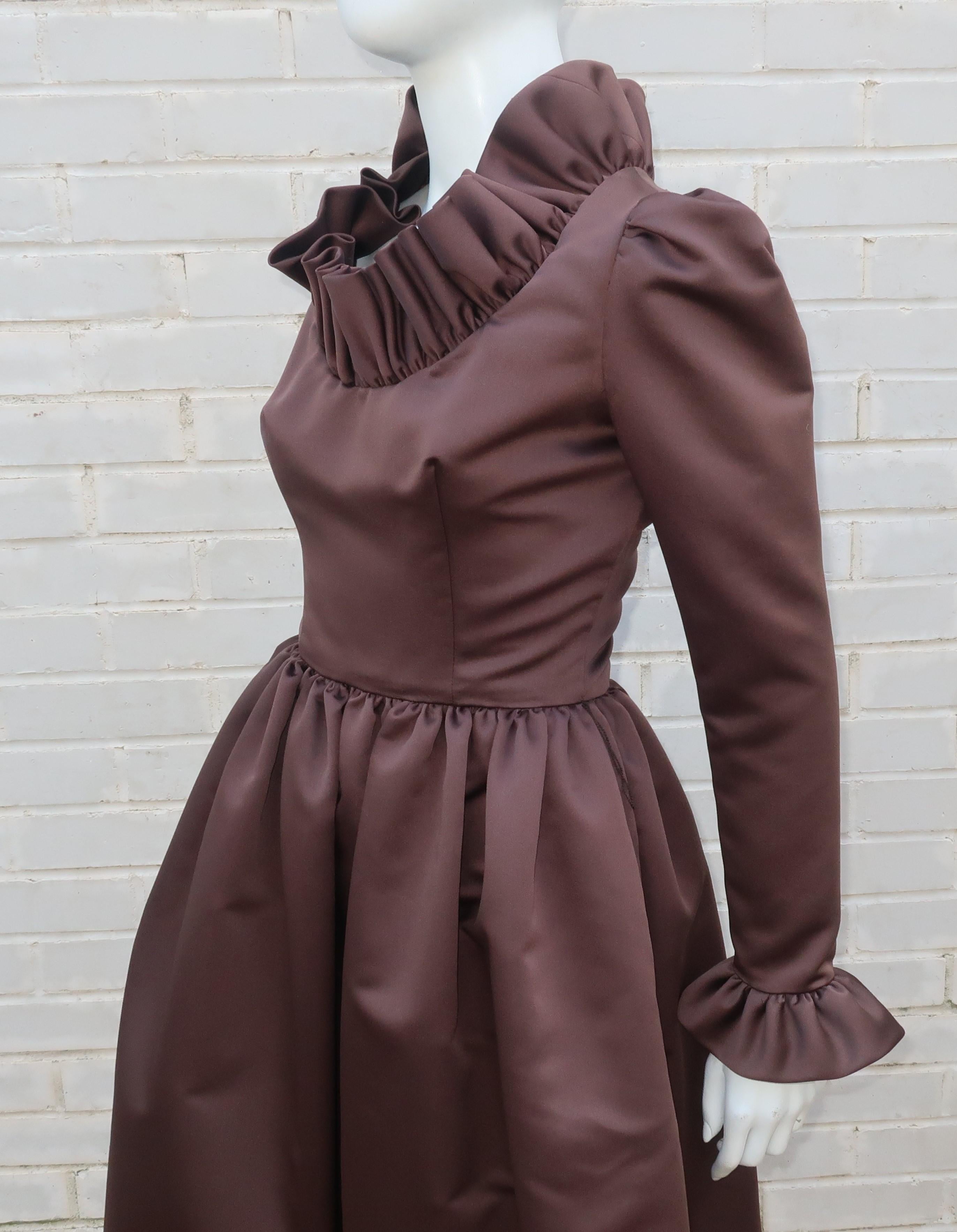 Jill Richards Brown Satin Ruffled Cocktail Dress, 1970's For Sale 3