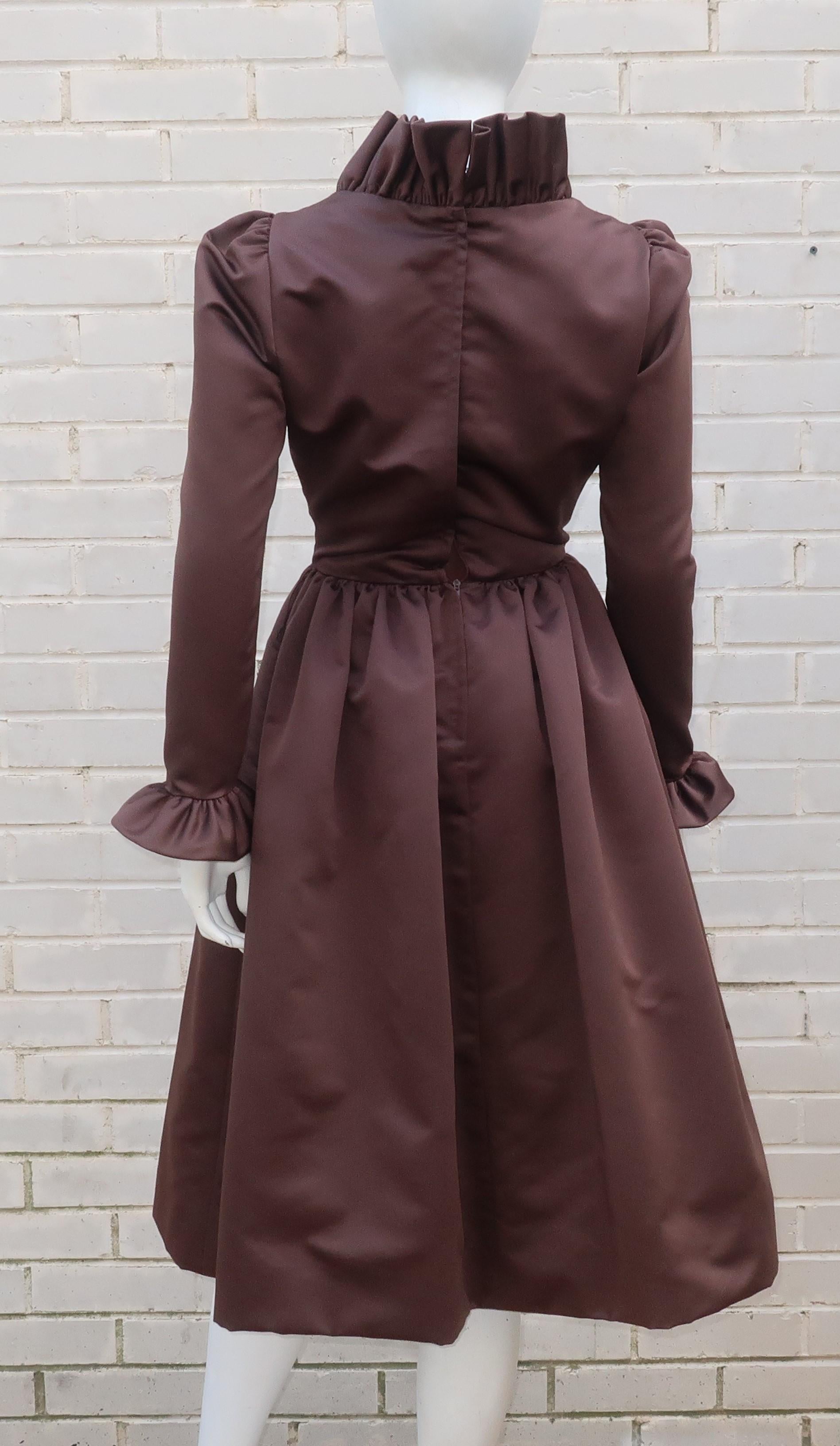 Jill Richards Brown Satin Ruffled Cocktail Dress, 1970's For Sale 4