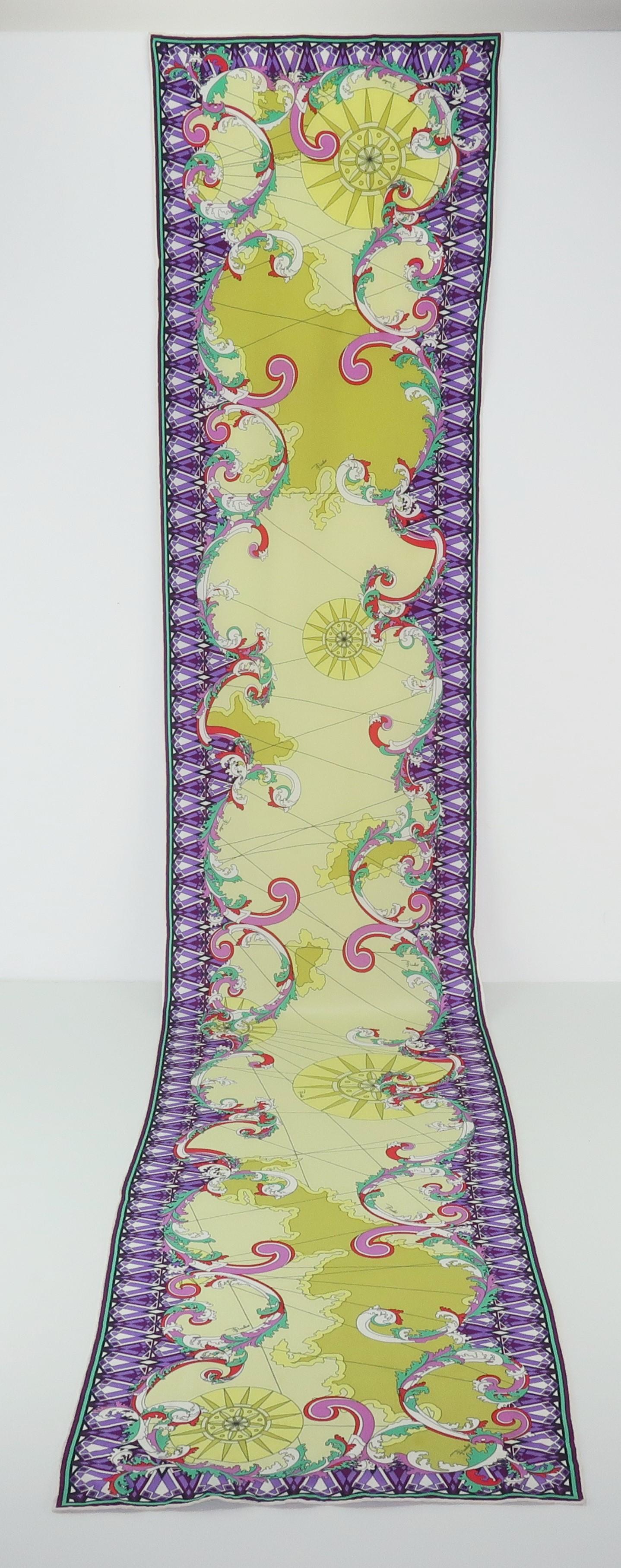 The combination of geometric patterns, fanciful swirls and a vibrant color palette makes this Emilio Pucci extra long silk scarf a go-to accessory for adding a visual punch to your wardrobe.  The purples, red, aqua, white, celery green and