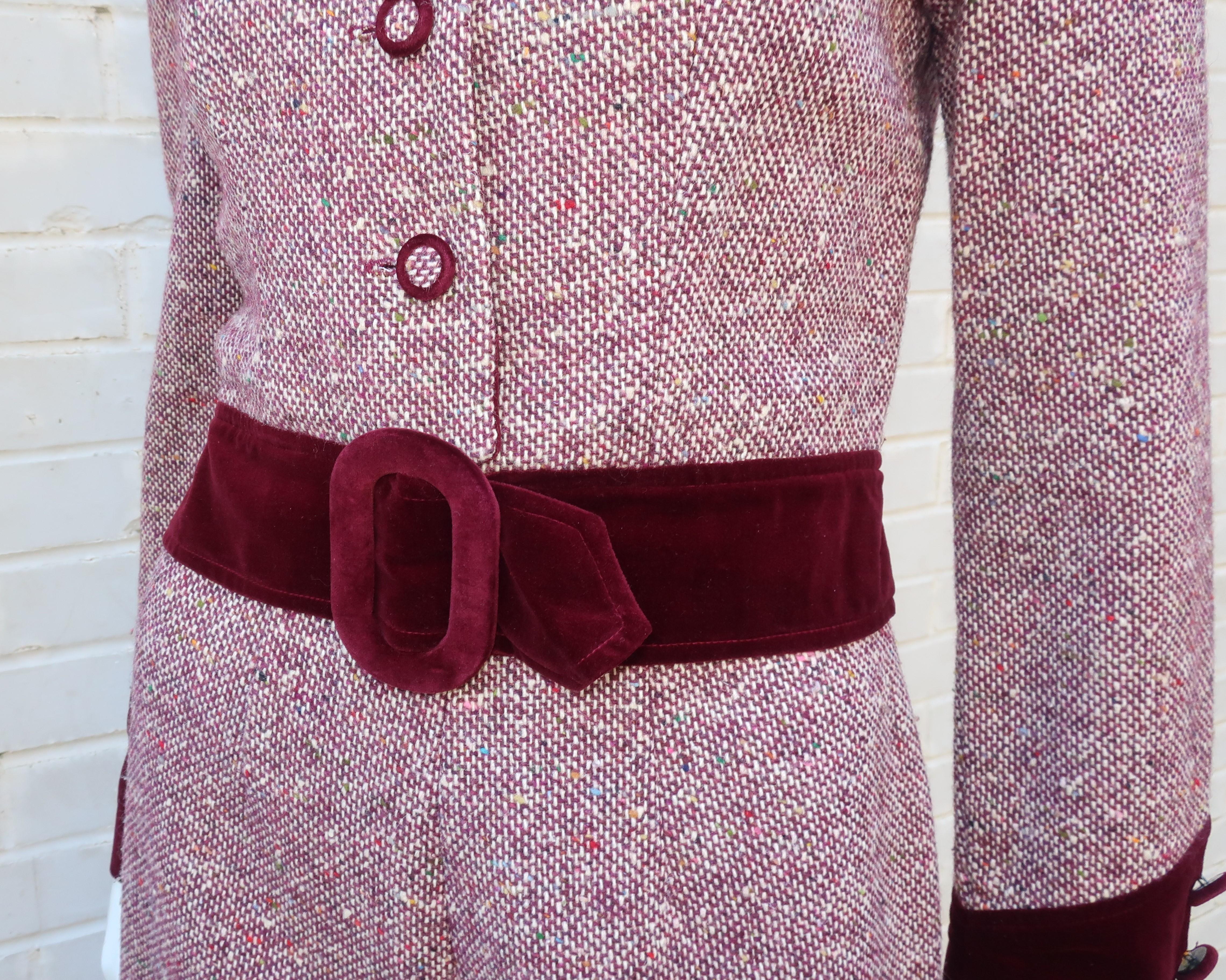Women's Mod C.1970 Young Victorian Ruby Red Velvet & Wool Tweed Jacket Pant Suit