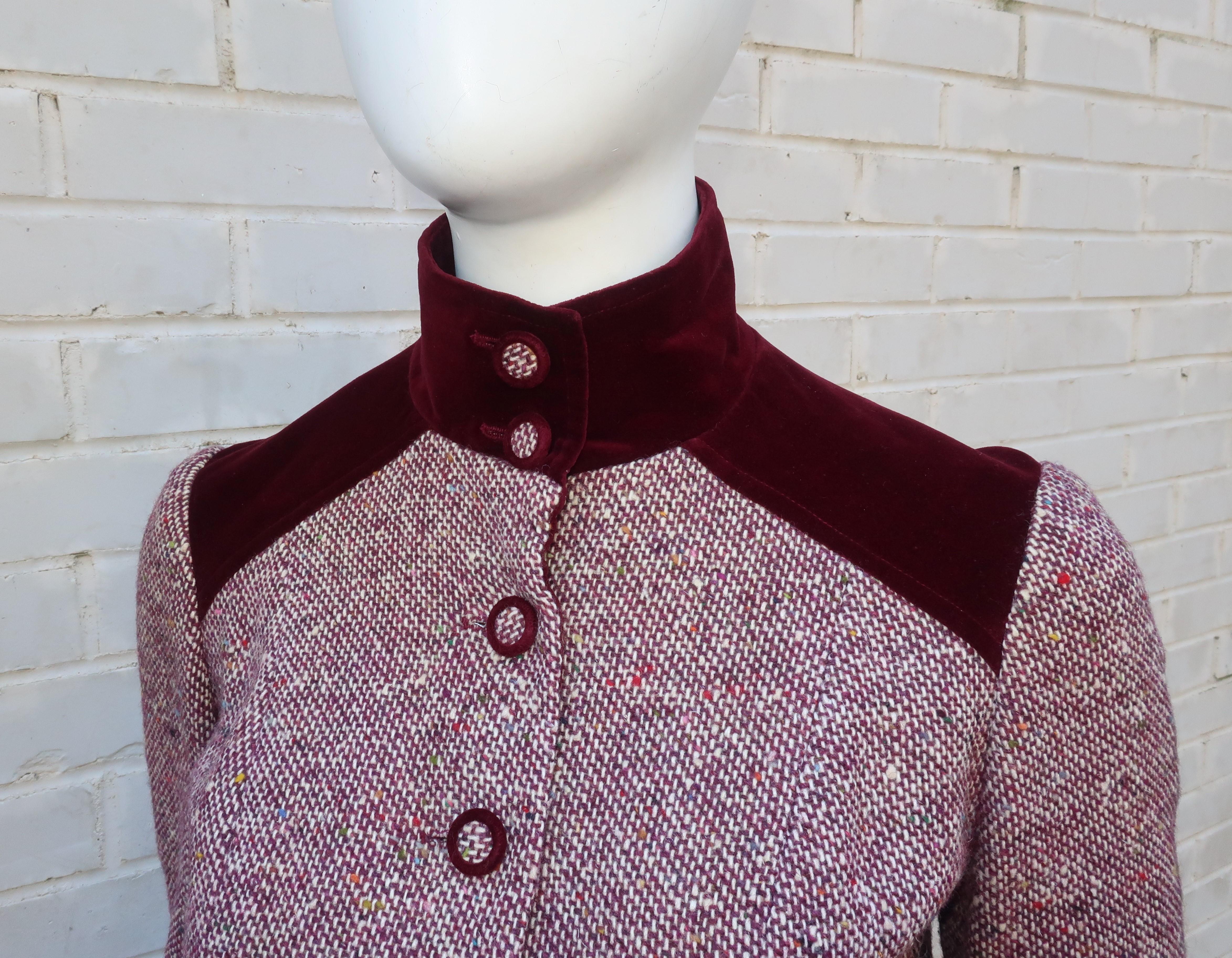 Mod C.1970 Young Victorian Ruby Red Velvet & Wool Tweed Jacket Pant Suit In Good Condition In Atlanta, GA