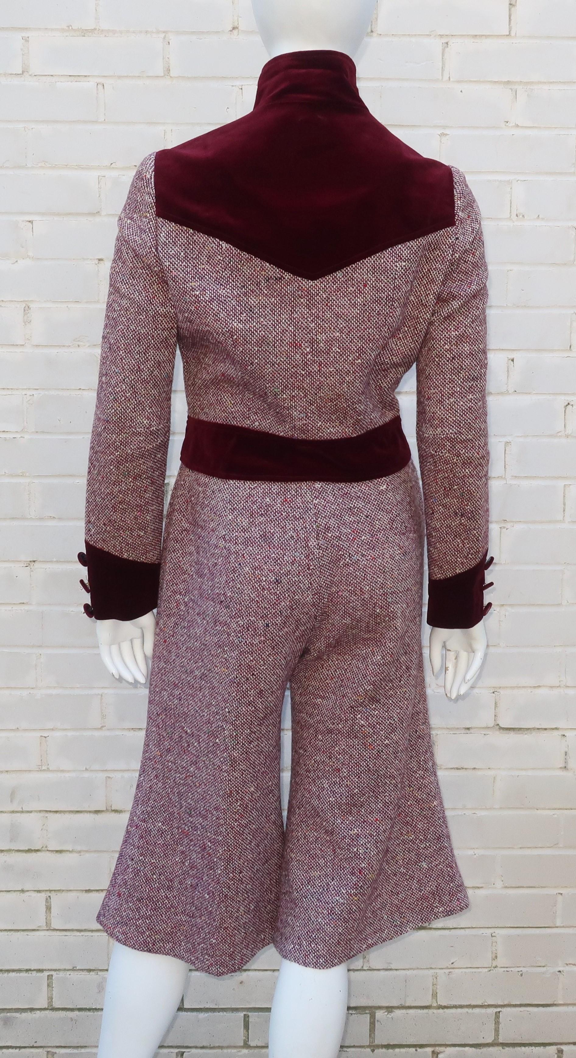 Mod C.1970 Young Victorian Ruby Red Velvet & Wool Tweed Jacket Pant Suit 2