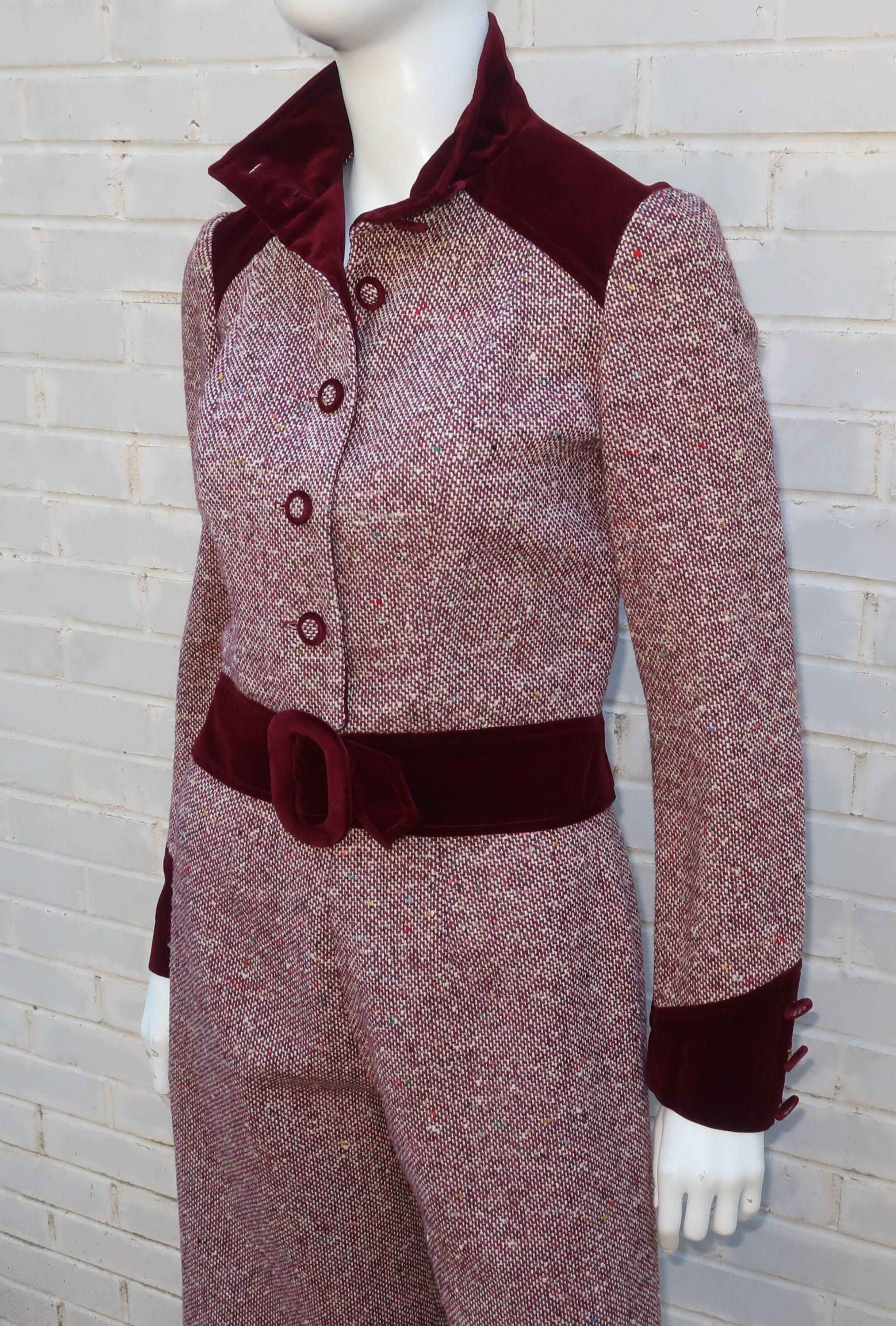 Mod C.1970 Young Victorian Ruby Red Velvet & Wool Tweed Jacket Pant Suit 3