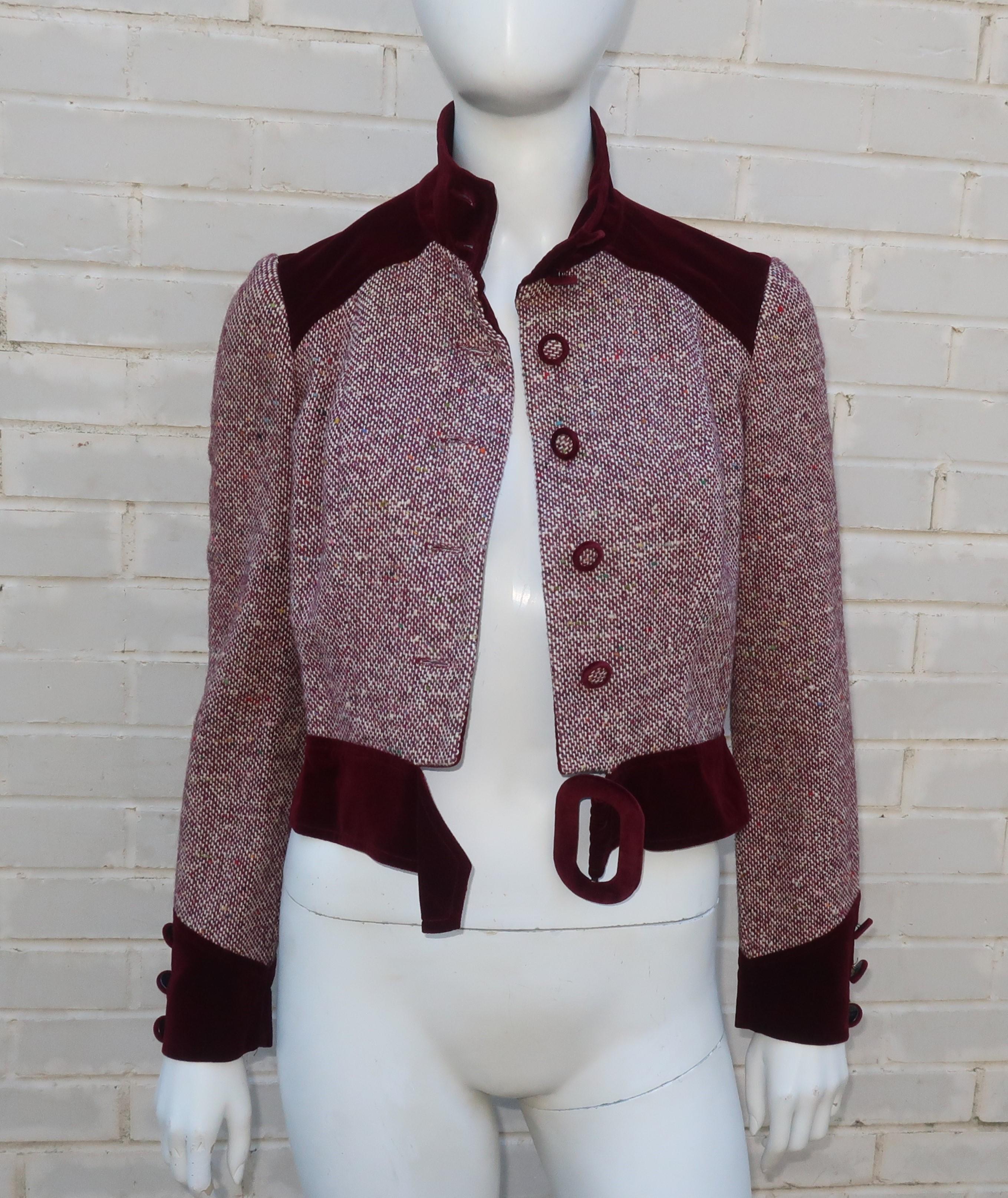 Mod C.1970 Young Victorian Ruby Red Velvet & Wool Tweed Jacket Pant Suit 5