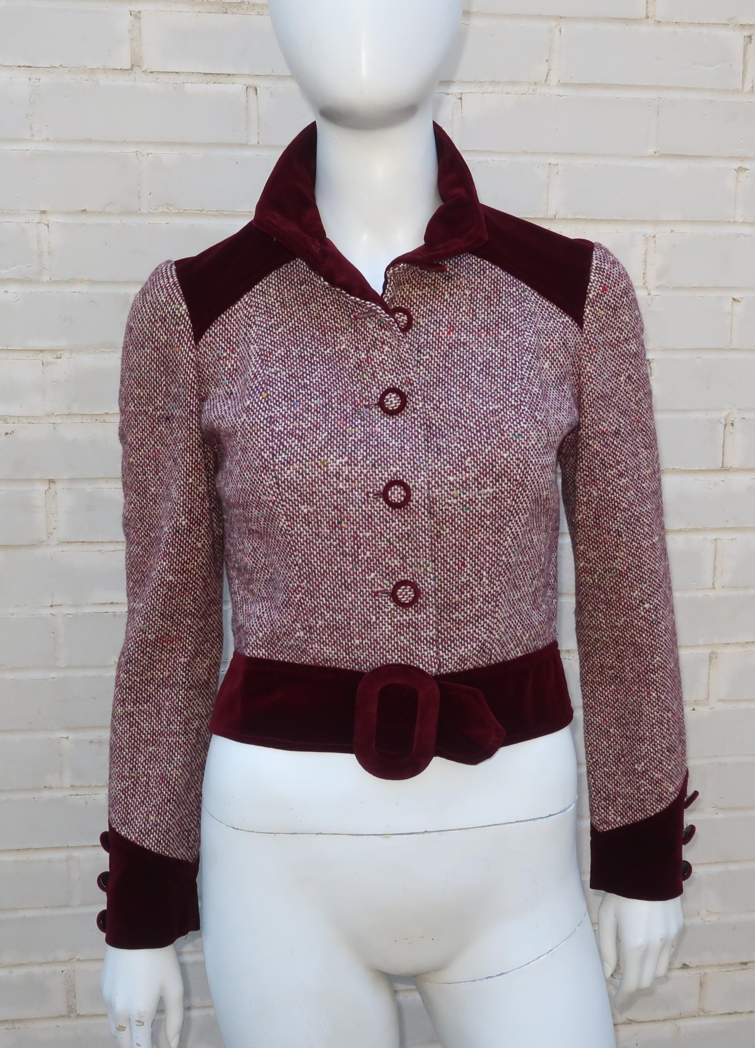 Mod C.1970 Young Victorian Ruby Red Velvet & Wool Tweed Jacket Pant Suit 4