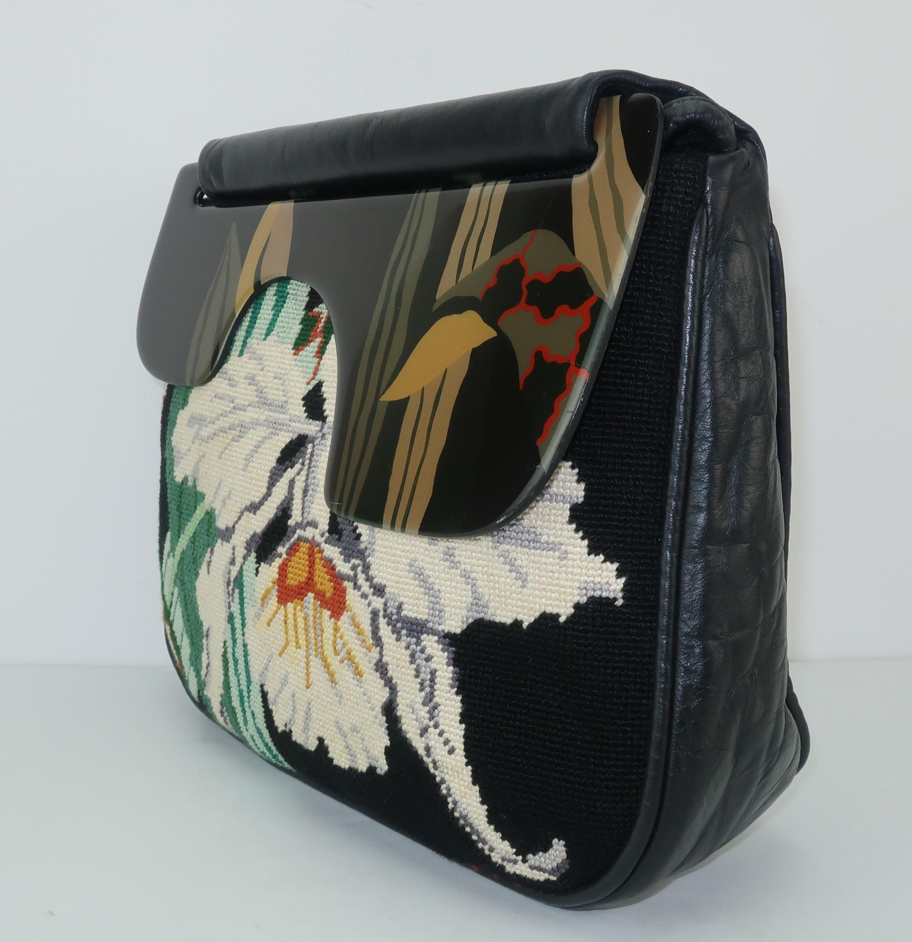 1980's Moon Bags Needlepoint Leather & Hand Painted Lacquer Wood Handbag In Good Condition In Atlanta, GA