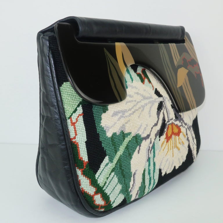 1980's Moon Bags Needlepoint Leather and Hand Painted Lacquer Wood