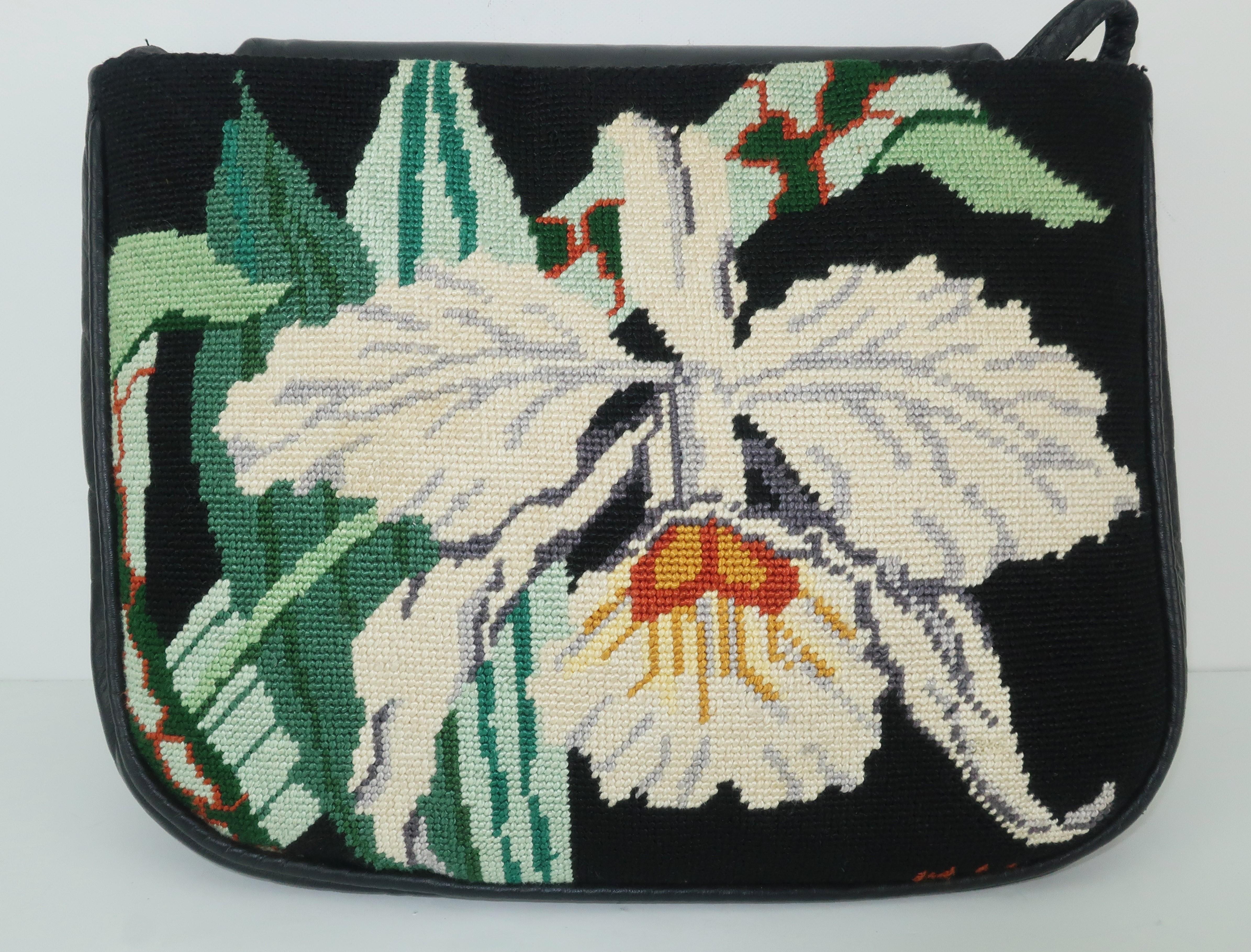 1980's Moon Bags Needlepoint Leather & Hand Painted Lacquer Wood Handbag 7