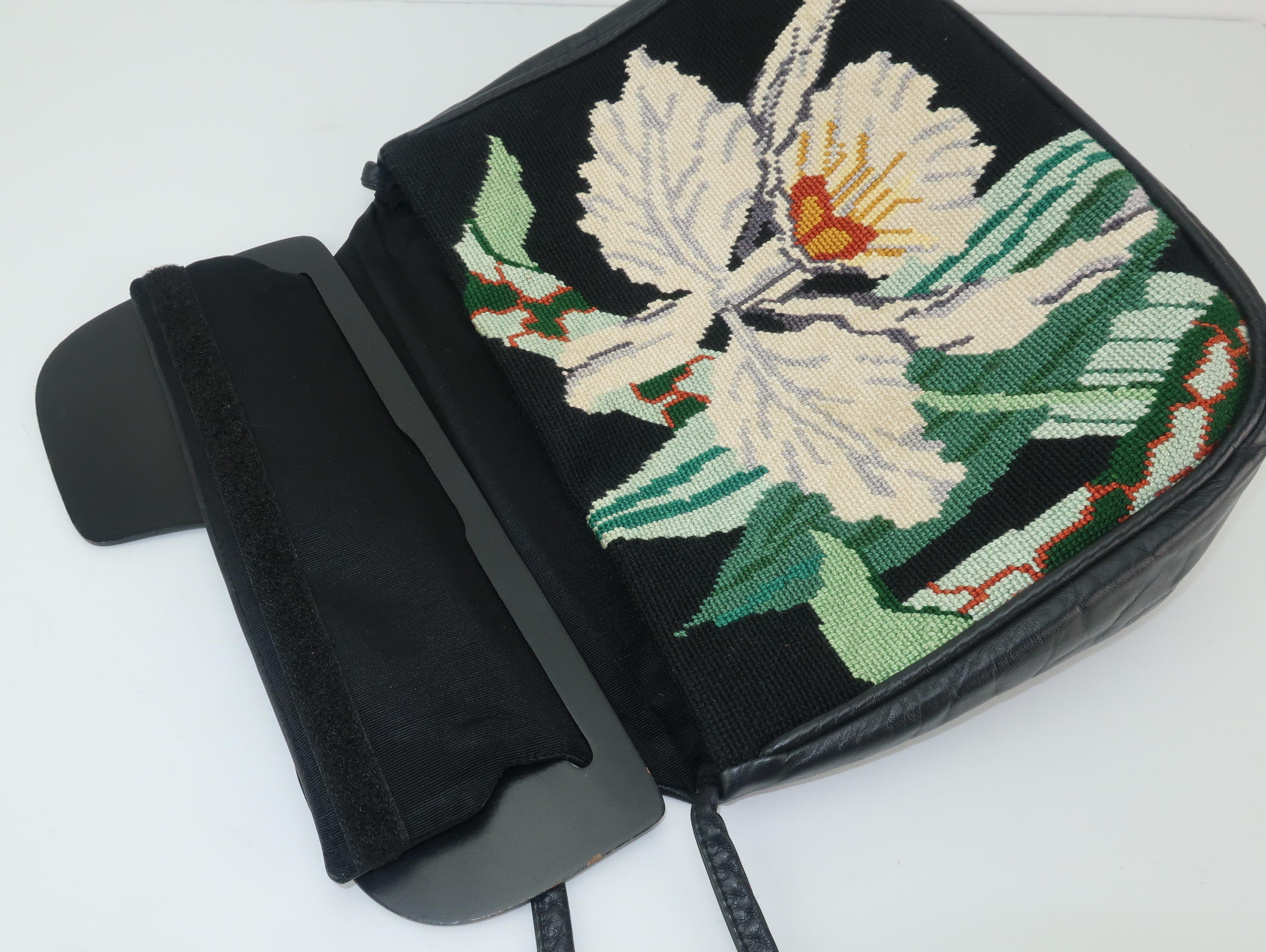 1980's Moon Bags Needlepoint Leather & Hand Painted Lacquer Wood Handbag 6