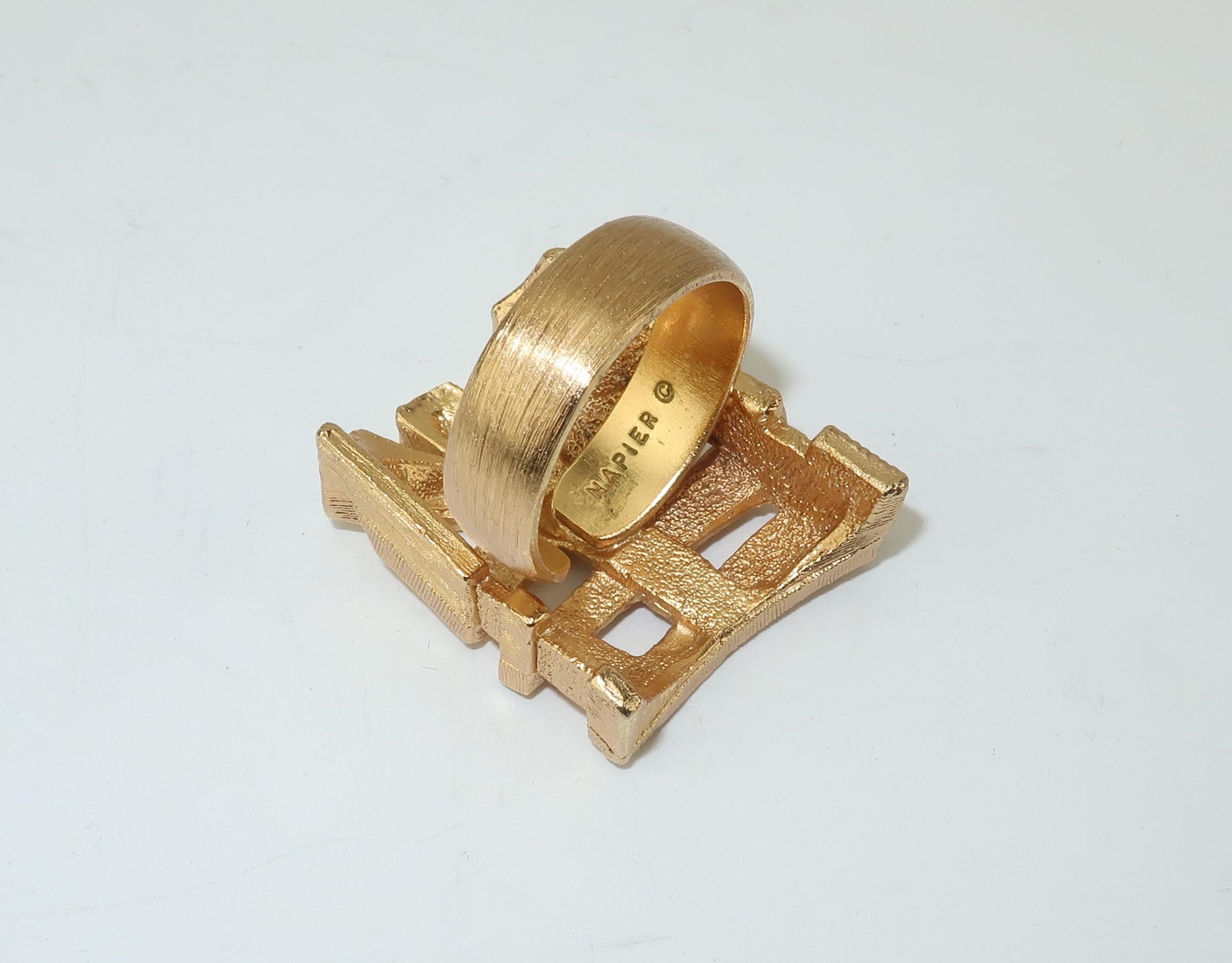 1960's Napier Gold Tone Asian Character Brooch & Cocktail Ring 2