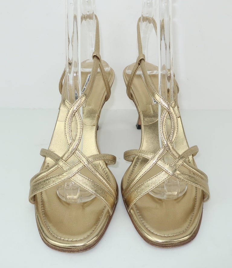 Manolo Blahnik Gold Leather Strappy Sandal Shoes Sz 37 For Sale at 1stDibs