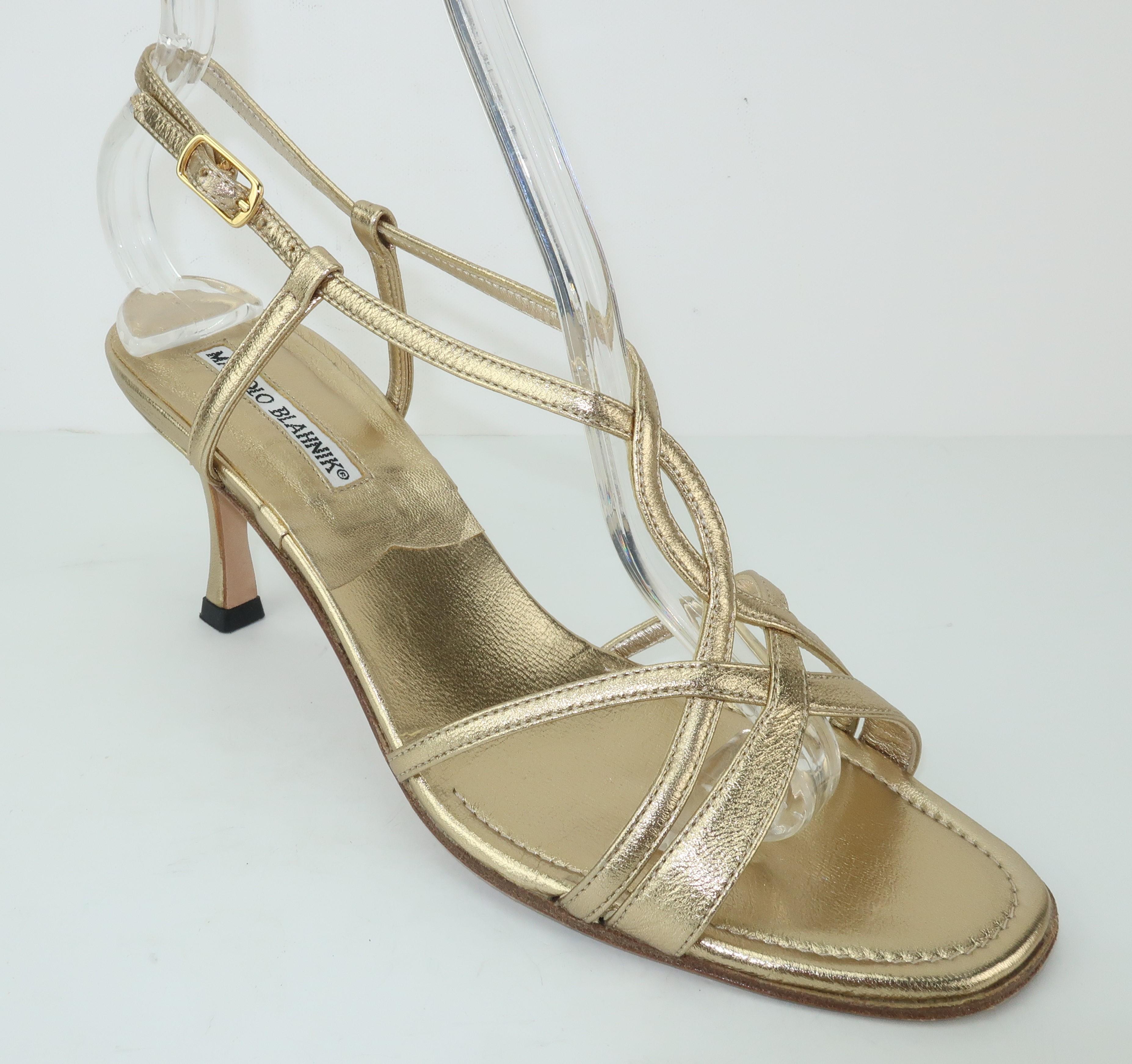 Brown Manolo Blahnik Gold Leather Strappy Sandal Shoes Sz 37