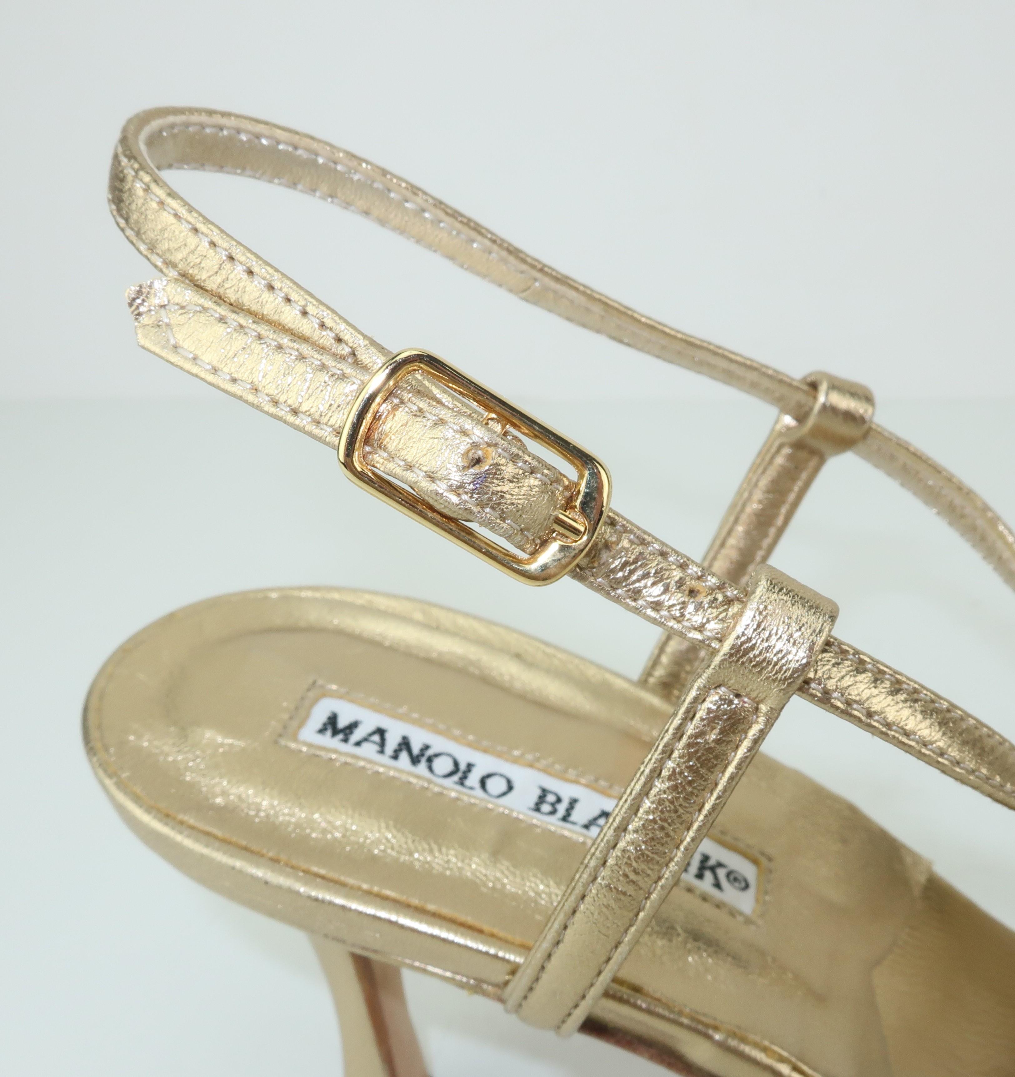 Women's Manolo Blahnik Gold Leather Strappy Sandal Shoes Sz 37