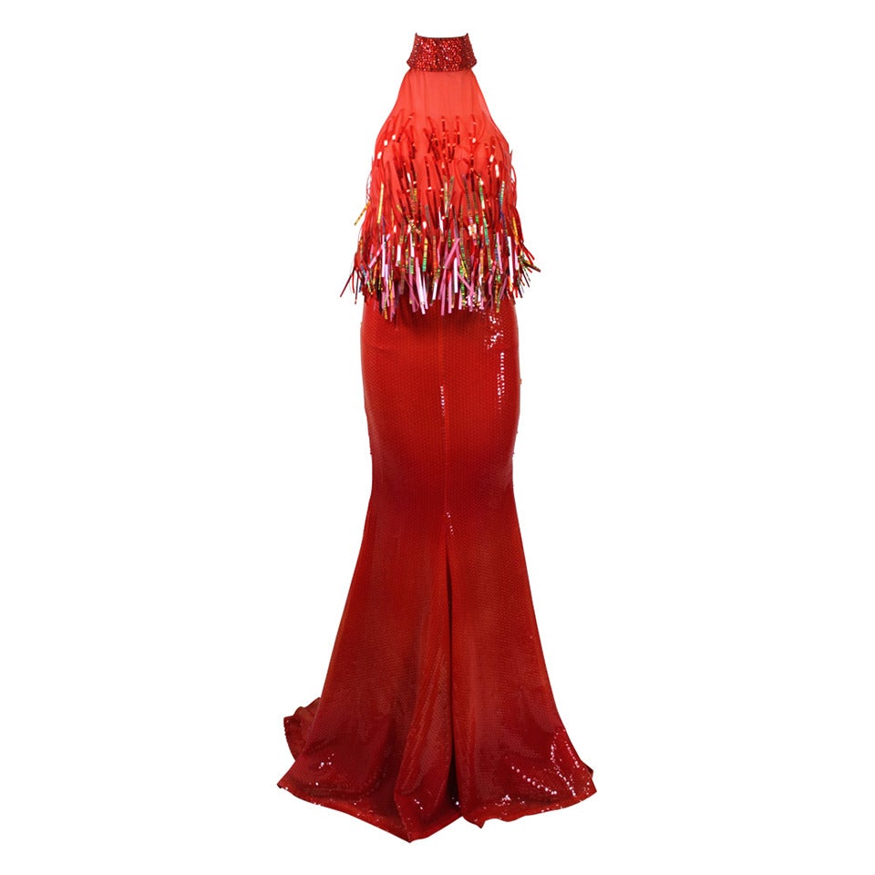 1990s Fabulous Iridescent and Ombré Sequin Halter Gown For Sale