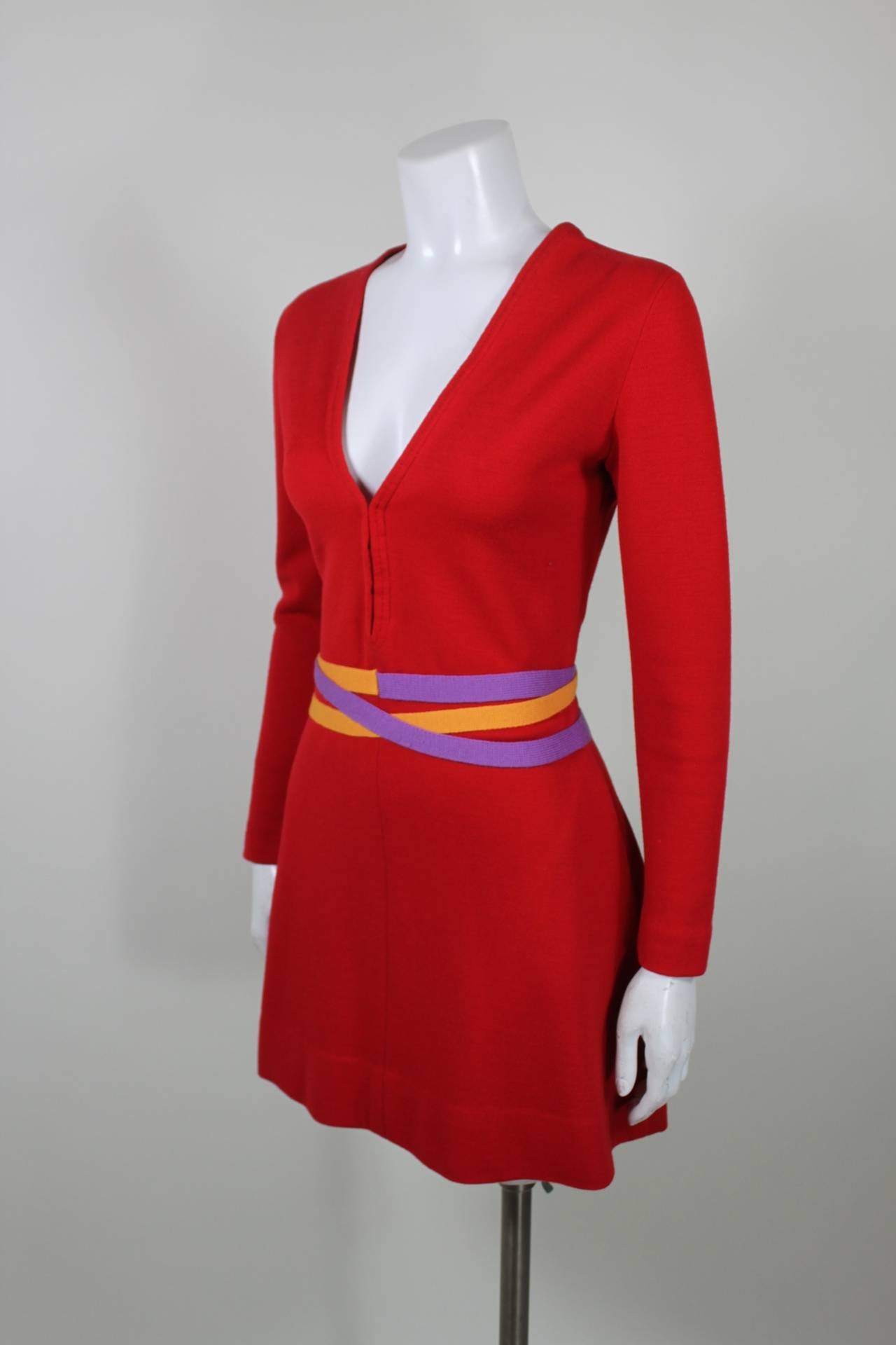 Rudi Gernreich 1960s Vibrant Red Wool Mini Dress with Purple and Yellow Belt In Excellent Condition For Sale In Los Angeles, CA