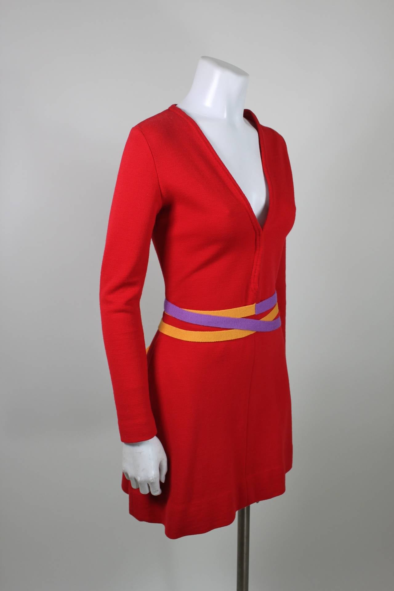 Women's Rudi Gernreich 1960s Vibrant Red Wool Mini Dress with Purple and Yellow Belt For Sale