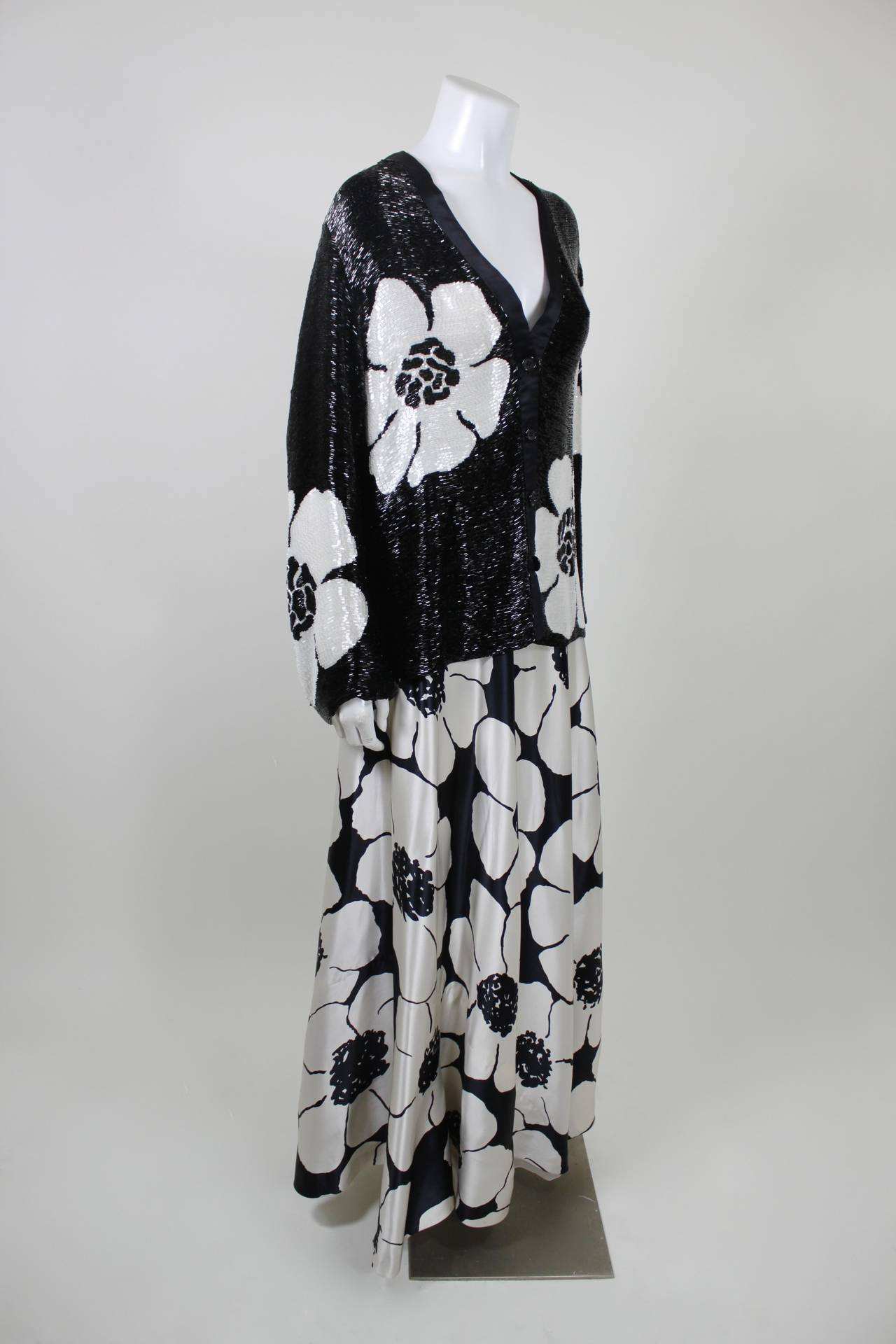 Black Galanos 1980s Monochrome Beaded Silk Floral Ensemble For Sale