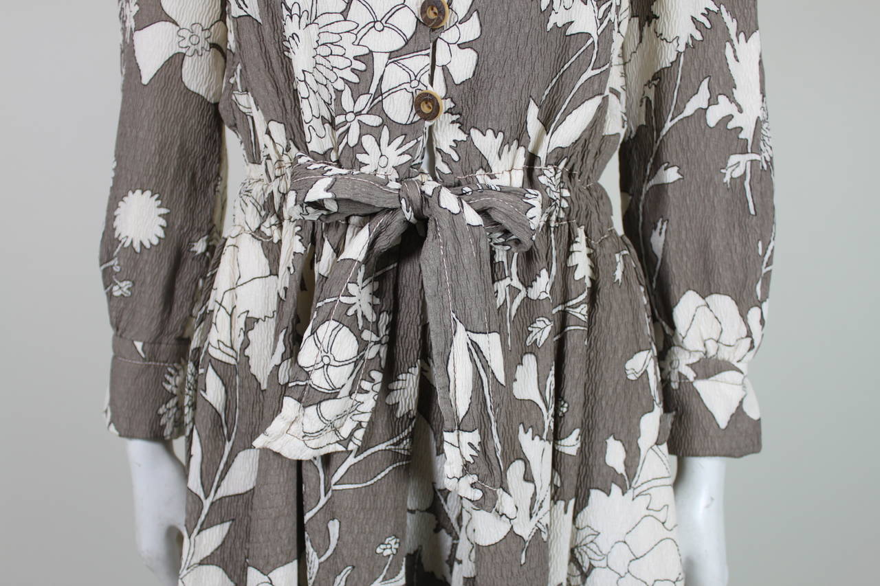1970s Galanos Grey and White Floral Dress