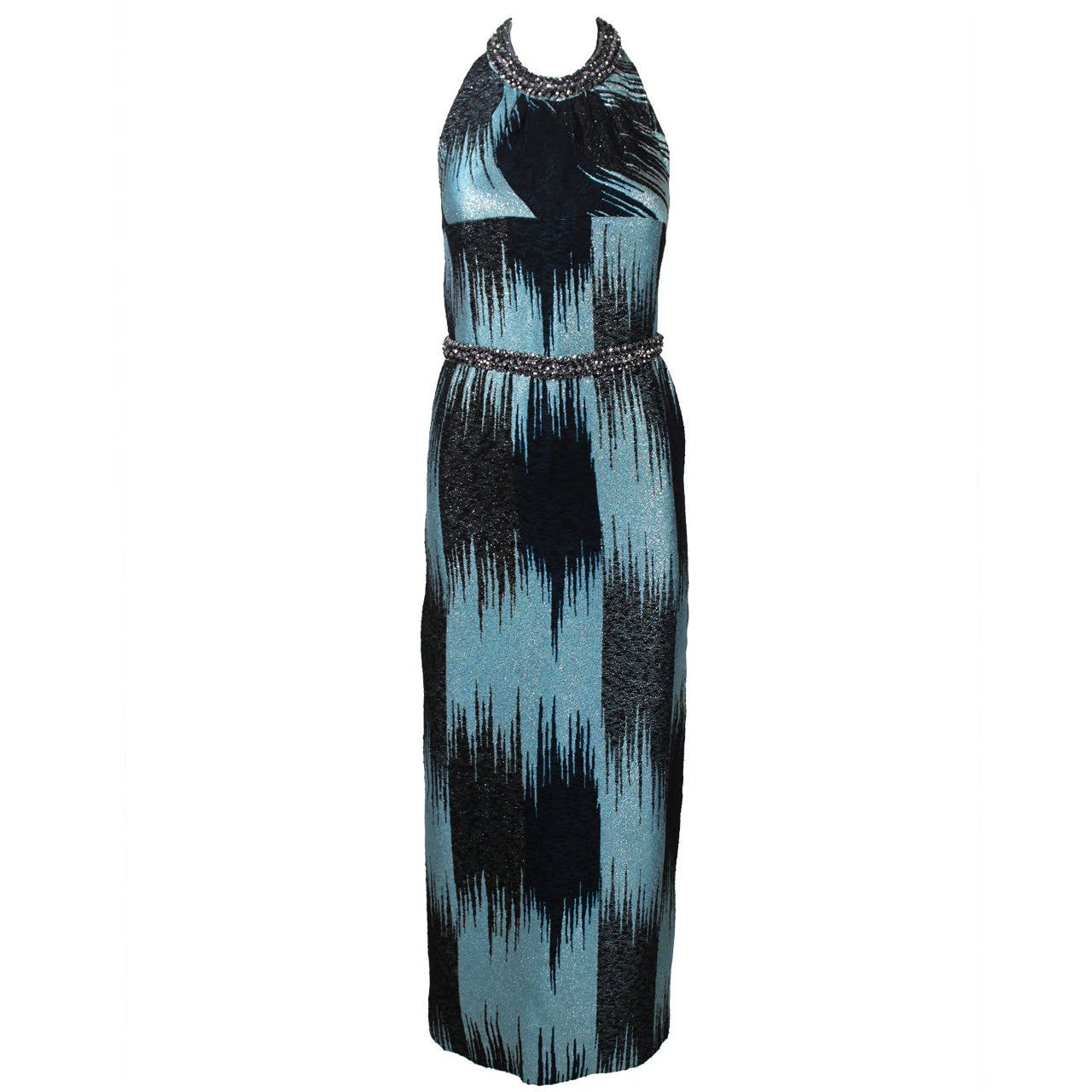 1980s Metallic Abstract Ikat Halter Gown with Gorgeous Beading For Sale ...