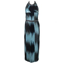 1980s Metallic Abstract Ikat Halter Gown with Gorgeous Beading