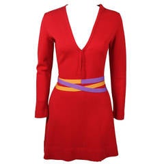 Rudi Gernreich 1960s Vibrant Red Wool Mini Dress with Purple and Yellow Belt