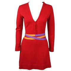 Vintage Rudi Gernreich 1960s Vibrant Red Wool Mini Dress with Purple and Yellow Belt