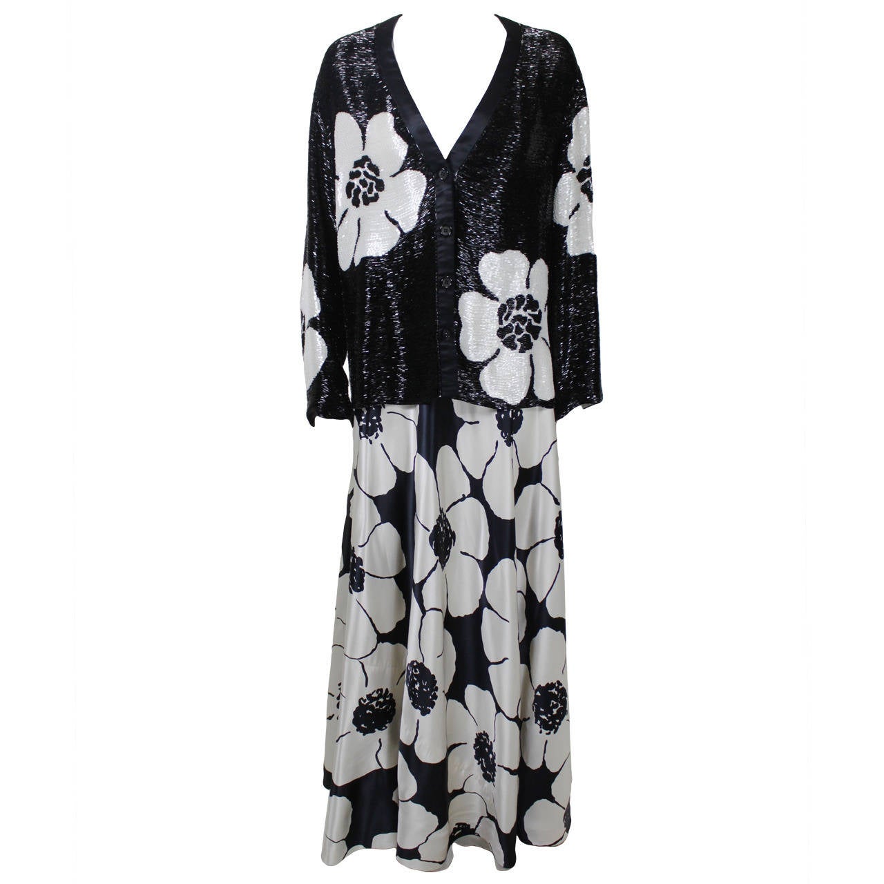 Galanos 1980s Monochrome Beaded Silk Floral Ensemble For Sale at 1stDibs