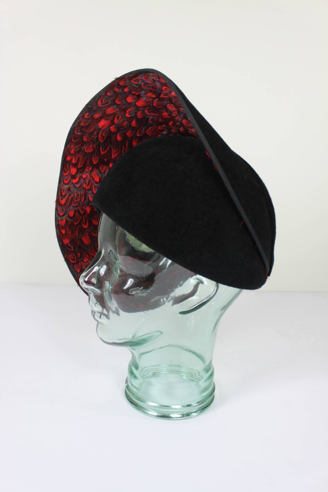 Women's Jack McConnell Black Felt and Red Feather Structured Evening Hat For Sale