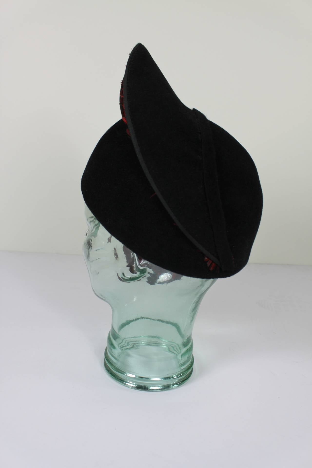 Jack McConnell Black Felt and Red Feather Structured Evening Hat For Sale 1