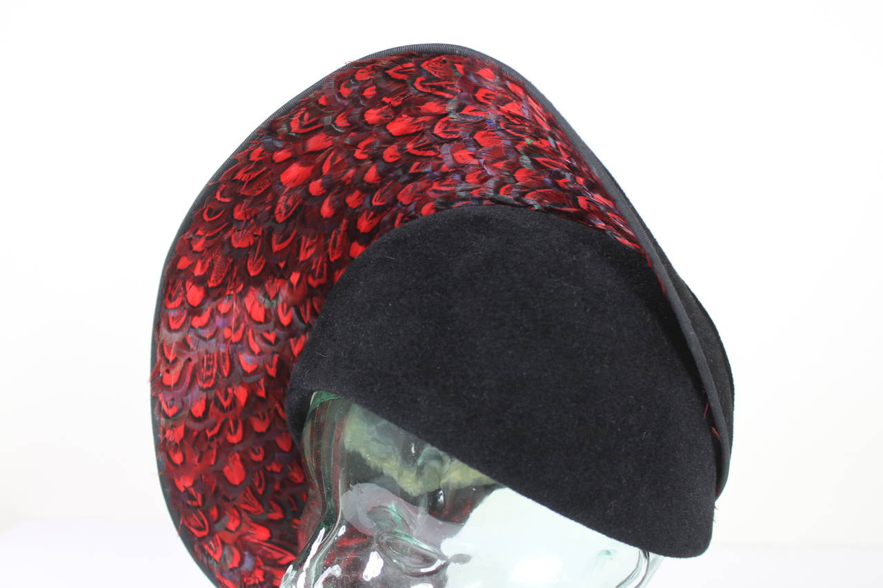 Jack McConnell Black Felt and Red Feather Structured Evening Hat For Sale 5