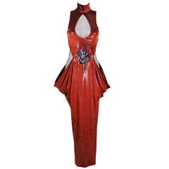 1990s Feraud Burnt Orange Wet Look Gown