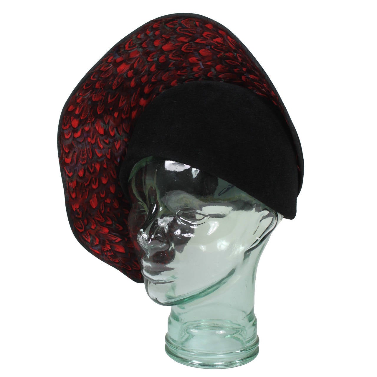 Jack McConnell Black Felt and Red Feather Structured Evening Hat For Sale