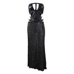 Gianni Versace Black Leather, Rhinestone and Chiffon Evening Gown