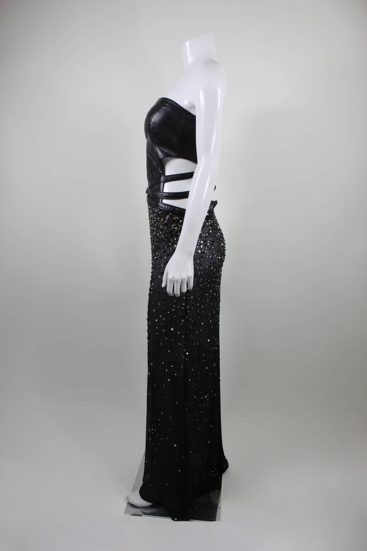 Gianni Versace Black Leather, Rhinestone and Chiffon Evening Gown In Excellent Condition For Sale In Los Angeles, CA