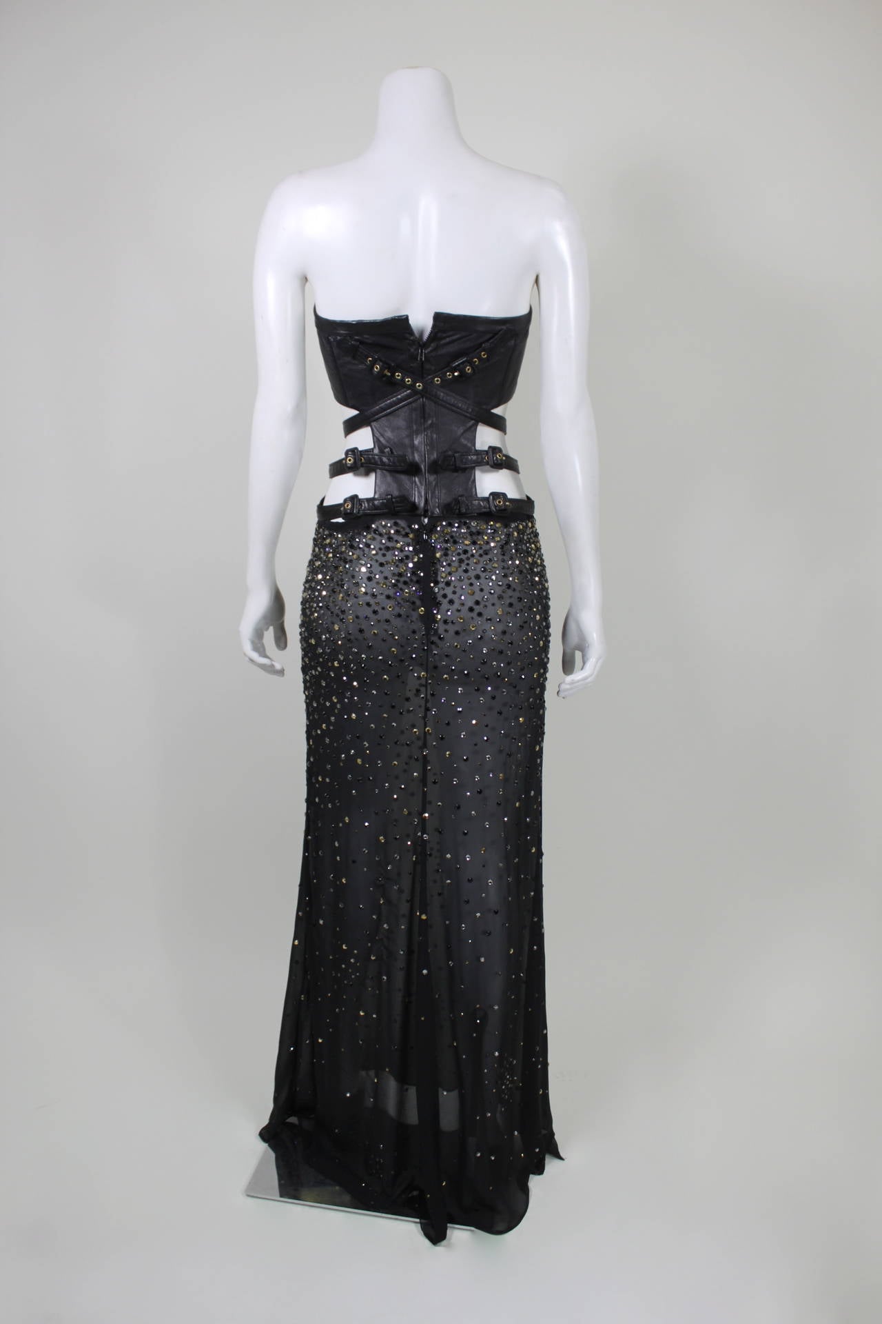 Women's Gianni Versace Black Leather, Rhinestone and Chiffon Evening Gown For Sale
