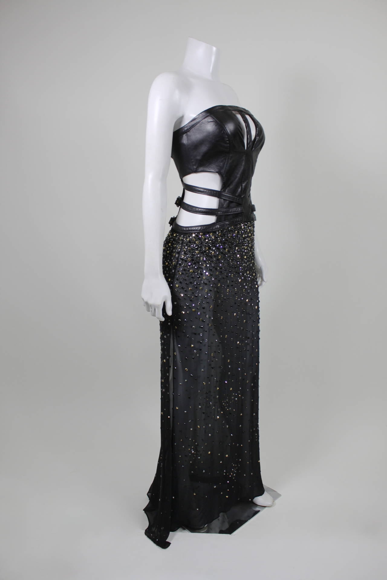Gianni Versace Black Leather, Rhinestone and Chiffon Evening Gown For Sale 1