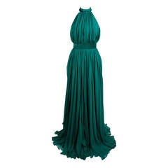 Alexander McQueen 2010 Flowing Emerald Green Chiffon Halter Gown with Belt