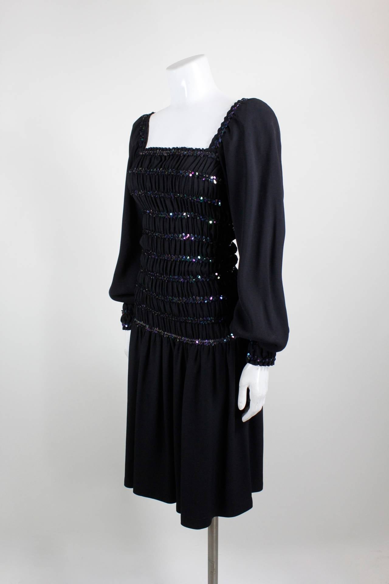 YSL Black Peasant Dress with Iridescent Sequins In Excellent Condition In Los Angeles, CA