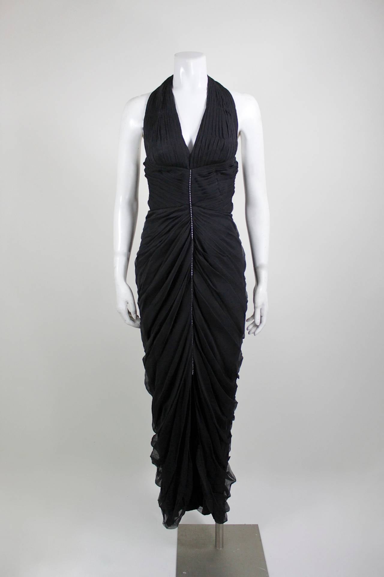 Black Giorgio of Beverly Hills Pleated Halter Gown with Rhinestone Strip For Sale