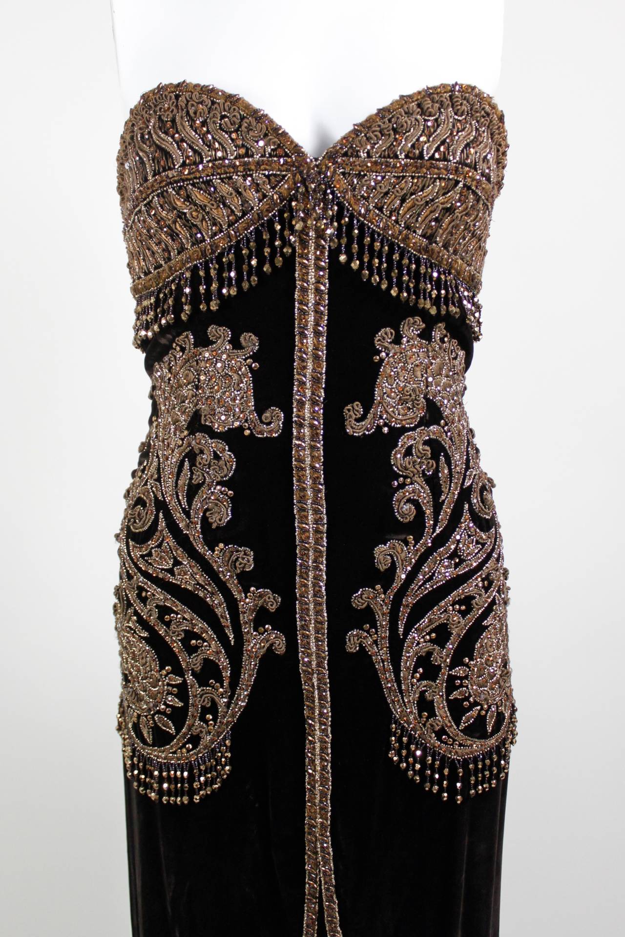 Black Lancetti Couture Chocolate Brown Velvet Strapless Gown with Beaded Embellishment For Sale