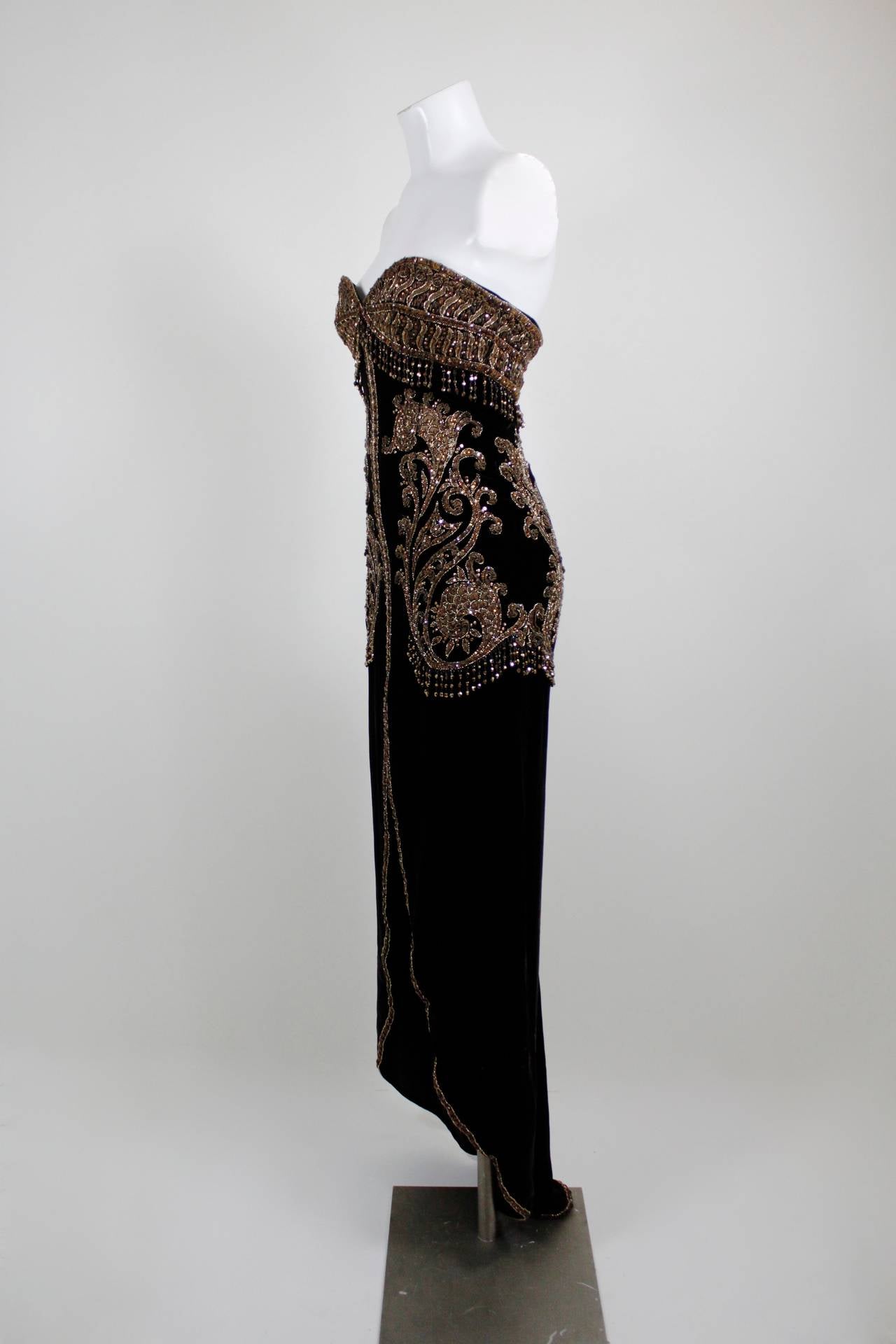 Lancetti Couture Chocolate Brown Velvet Strapless Gown with Beaded Embellishment In Excellent Condition For Sale In Los Angeles, CA