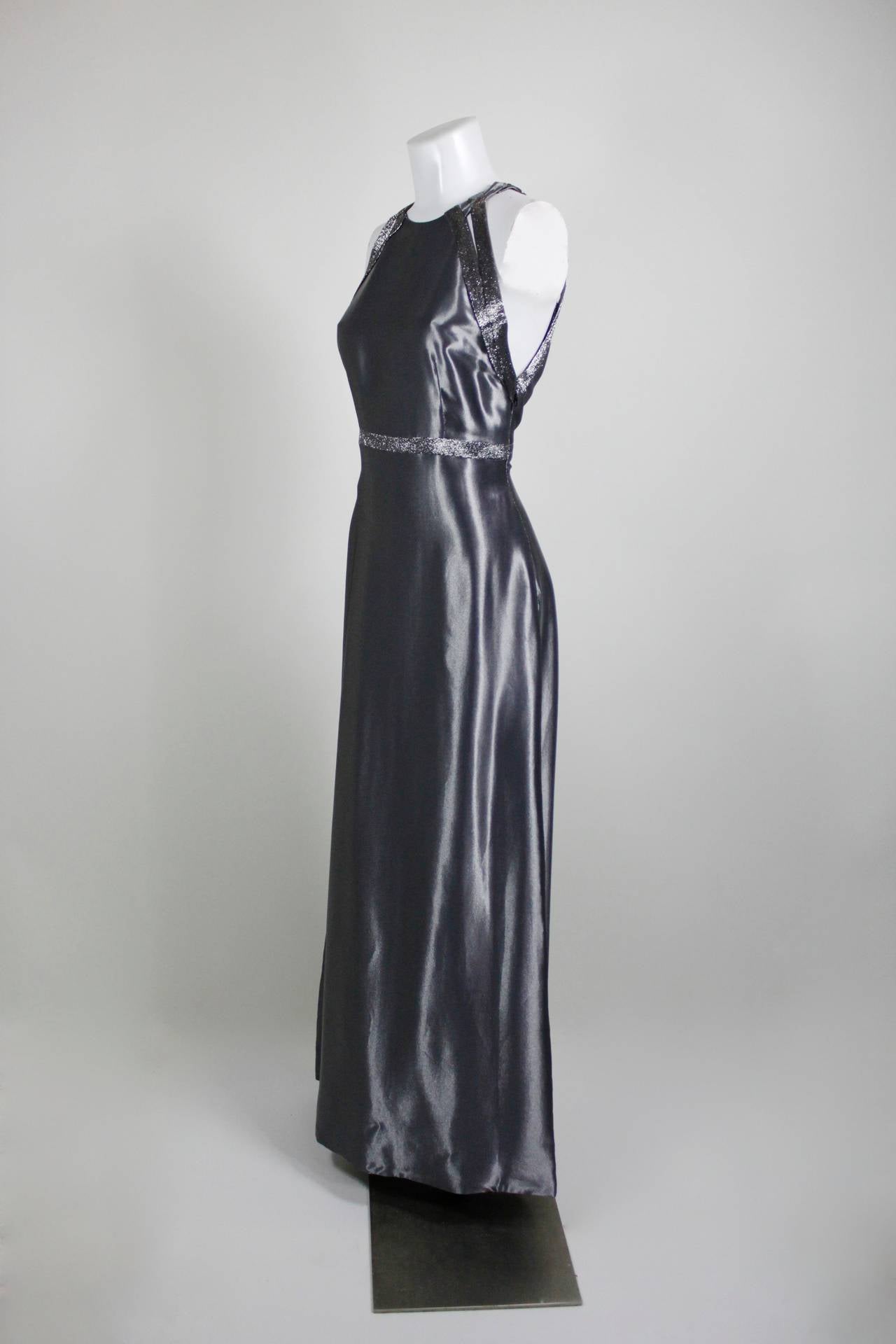 1990s Genny Gunmetal Wet Look Gown with Iridescent Trim In New Condition In Los Angeles, CA