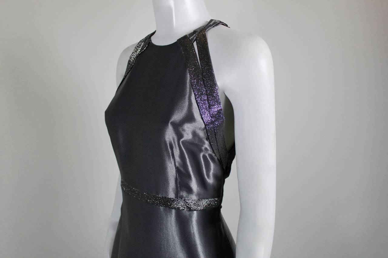 1990s Genny Gunmetal Wet Look Gown with Iridescent Trim 1