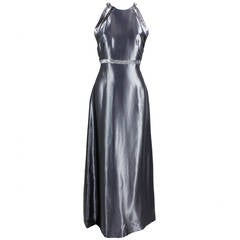 1990s Genny Gunmetal Wet Look Gown with Iridescent Trim