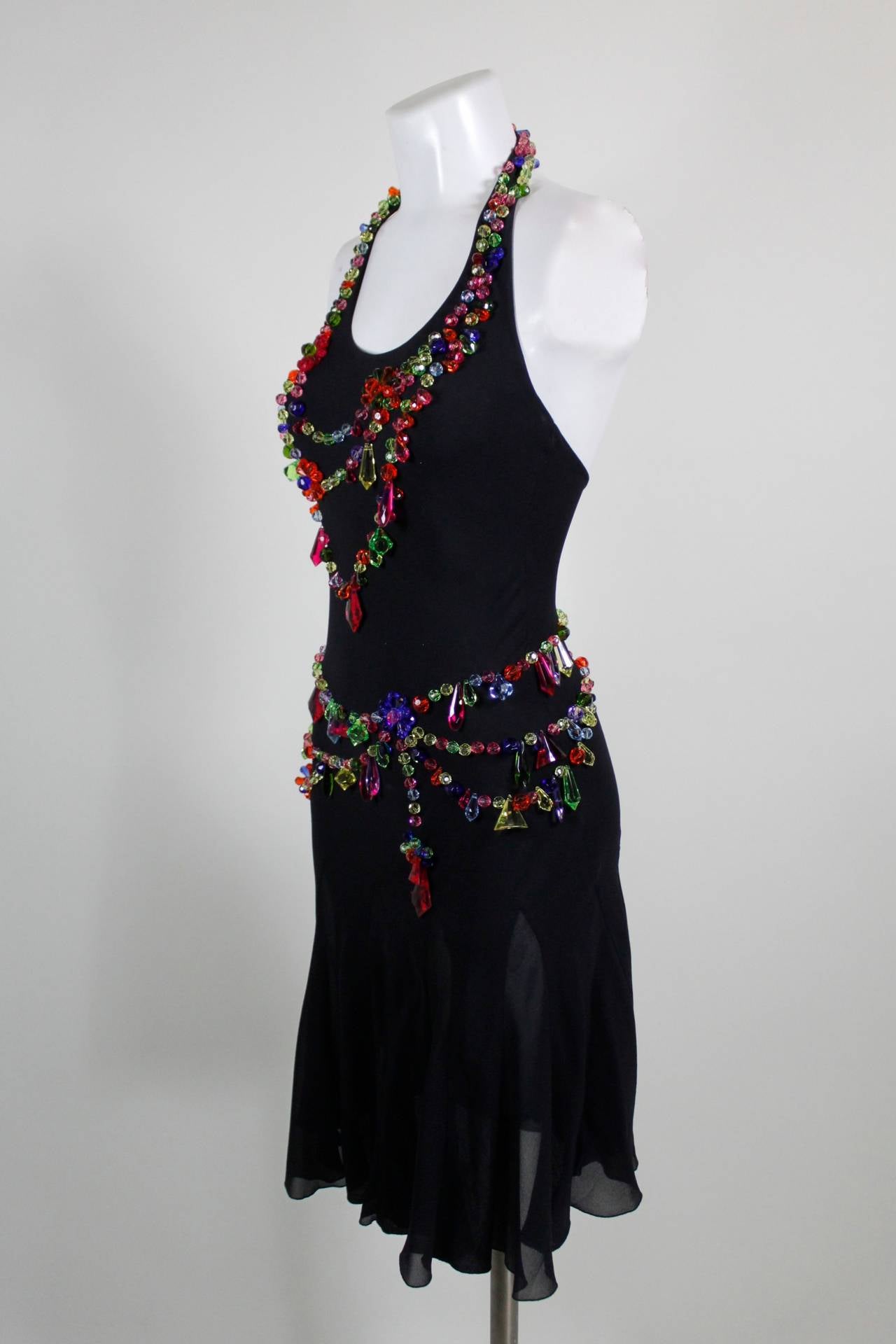 MOSCHINO Jersey Halter Dress with Rainbow Trompe L'Oeil Jewelry In Excellent Condition In Los Angeles, CA