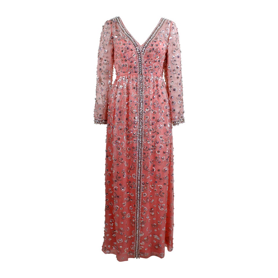 1960s Pink Iridescent Sequined Evening Gown For Sale