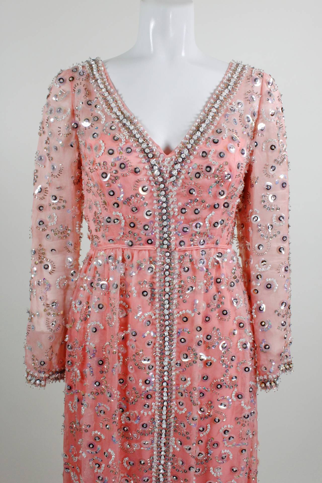 1960s Pink Iridescent Sequined Evening Gown In Excellent Condition For Sale In Los Angeles, CA