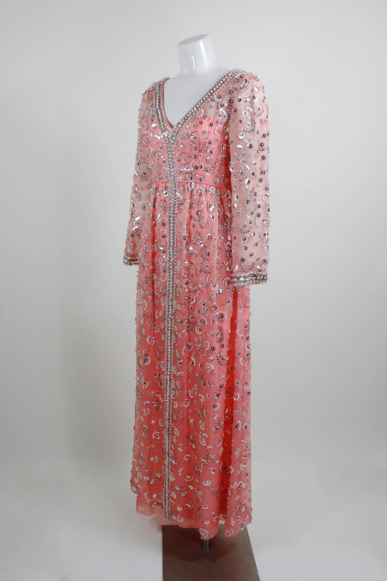 1960s Pink Iridescent Sequined Evening Gown For Sale 1