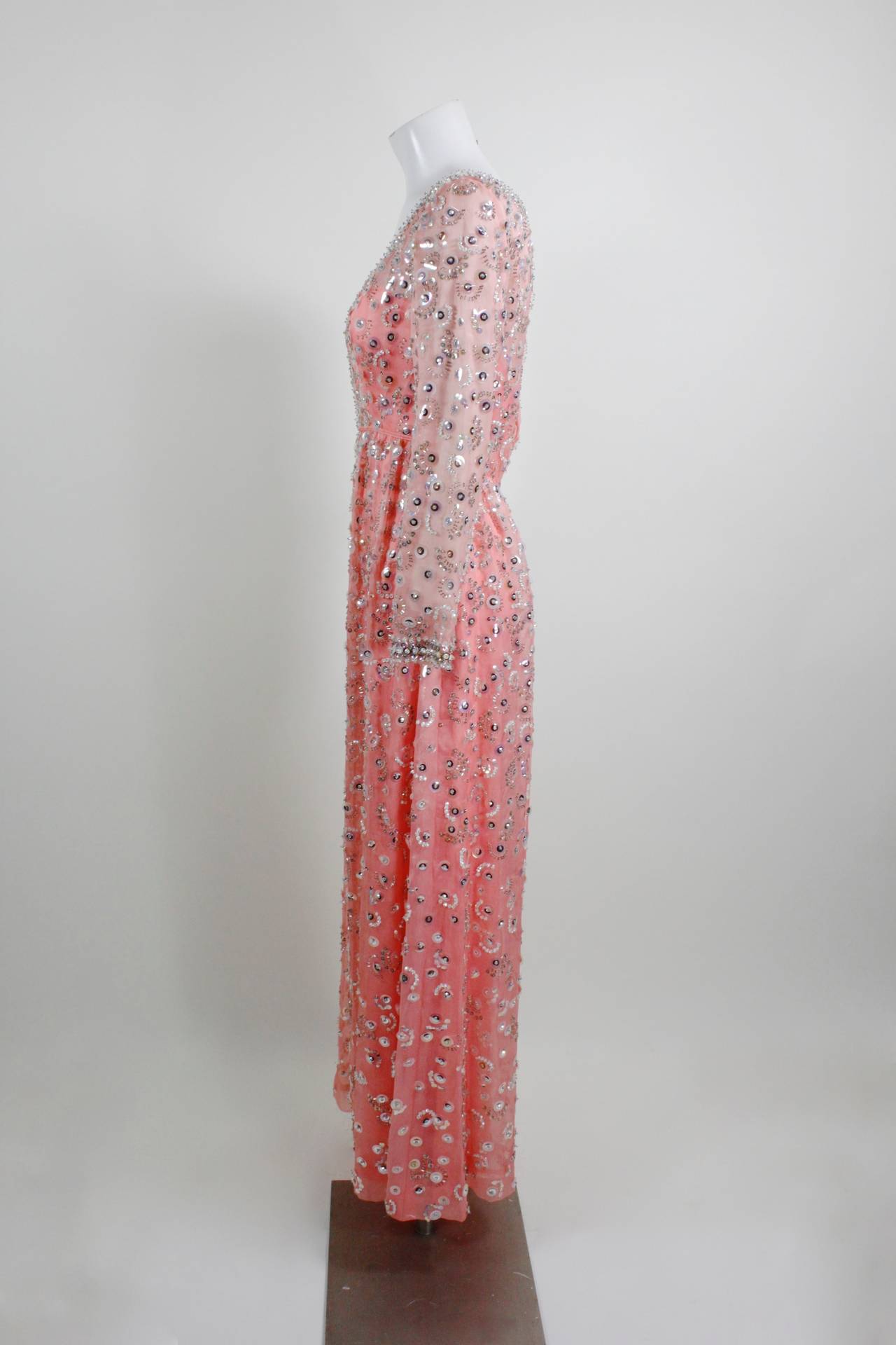 1960s Pink Iridescent Sequined Evening Gown For Sale 2