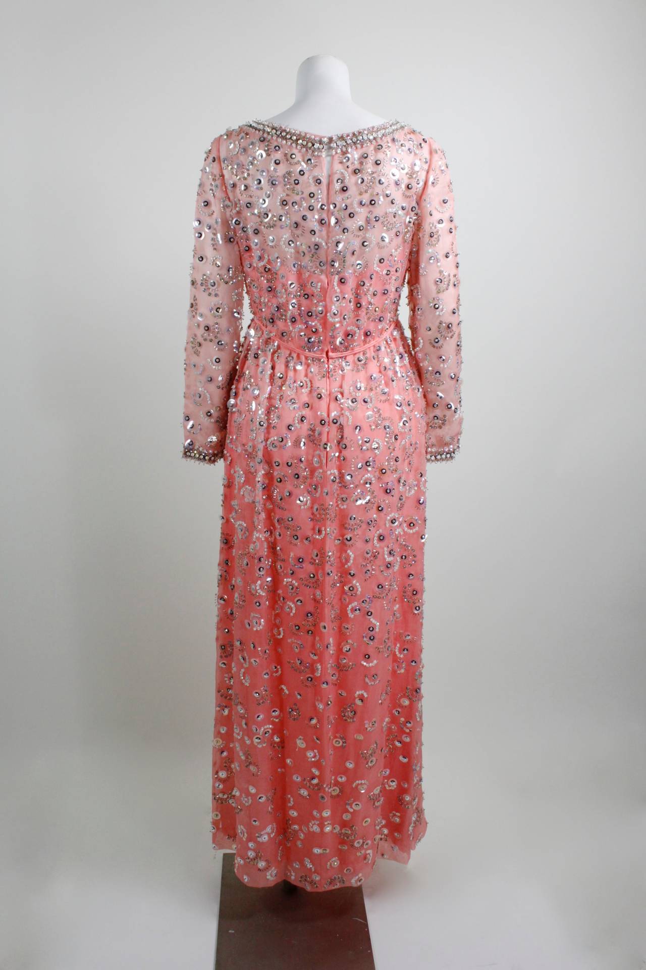 1960s Pink Iridescent Sequined Evening Gown For Sale 4